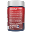 Red and blue supplement bottle label with text on a white background