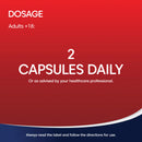 Dosage instruction for 2 capsules daily on a red and blue background