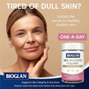 Advertisement for Bioglan skin supplement with a woman touching her face and product packaging.
