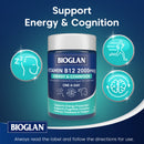 Bioglan Vitamin B12 supplement bottle with supporting icons on a blue background