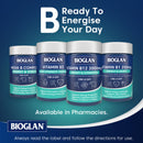 Bioglan vitamin supplements on a blue background with promotional text.