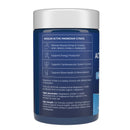 Blue supplement container with white lid on a white background