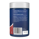 Blue supplement container with white lid and text on a white background