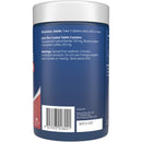 Blue supplement container with white lid and label on a white background