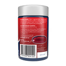 Supplement bottle label with red and blue design on a white background