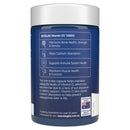 Blue container with white lid displaying text about Bioglan Vitamin D3 1000IU on a white background.