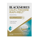 Blackmores Calm L-Theanine Rapi-Melt Vanilla Flavour box packaging, featuring a white and gold design with a teal gradient section and a graphic of a fast-dissolving tablet.