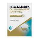 Blackmores Calm L-Theanine Rapi-Melt Vanilla Flavour box packaging, featuring a white and teal design with gold accents and a graphic of a dissolving tablet.