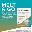 Promotional graphic for Blackmores Melt & Go Calm L-Theanine Rapi-Melt Vanilla Flavour tablets, showing the product box on the right and marketing text on the left over a teal-to-beige gradient background.