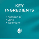 List of key ingredients including Vitamin C, Zinc, and Selenium on a teal background with a logo.