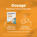 Blackmores Immune Rapi-Melt packaging on an orange background with text about usage.