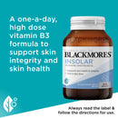 Blackmore's Insolar vitamin B3 supplement bottle on a blue background with text about skin health.
