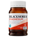 A bottle of Blackmores Magnesium supplement, containing 200 film-coated tablets. The product is shown in an amber brown bottle with a white cap and a white, red, and orange label.