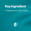 A teal graphic with white text reading 'Key Ingredient' and 'Magnesium glycinate,' plus a small white leaf-and-molecule logo near the bottom.