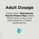Blackmore's Muscle Protect Plus dosage information on a light gray background