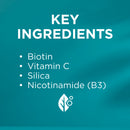 List of key ingredients on a teal background with a logo at the bottom.