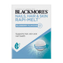 Blackmores Nails, Hair & Skin Rapi-Melt supplement packaging with blueberry flavor on a white background.