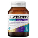 A bottle of Blackmores Omega + Mental Focus dietary supplement, containing 60 softgels, on a solid white background.