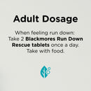 Blackmore's Run Down Rescue tablets dosage information on a light gray background