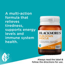 Blackmores Run Down Rescue supplement bottle with product description on a blue background