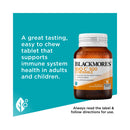 Blackmore's Bio C 500 chewable supplement bottle on a teal background with text about immune system support.