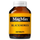 Brown supplement bottle with yellow label featuring 'MagMin' and 'Blackmores' on a white background