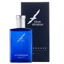 Blue Stratos aftershave bottle and packaging on a white background