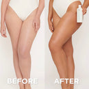 Before and after comparison of legs with a product application on a plain background