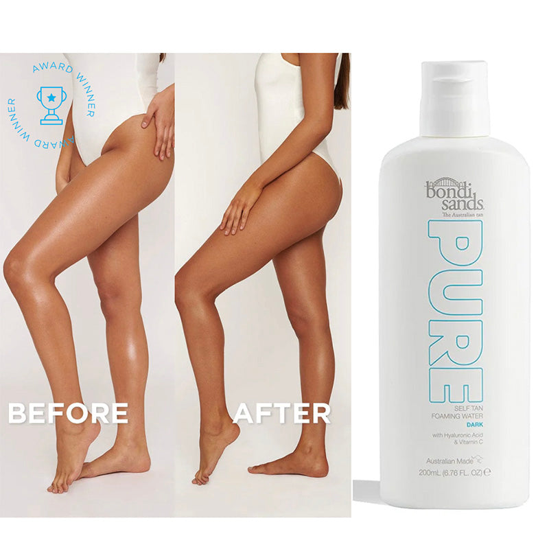 Before and after comparison of legs with a bottle of Bondi Sands Pure Self-Tan Foaming Water.
