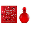 A product image featuring Britney Spears Hidden Fantasy Eau de Parfum with a red bottle and a matching red box adorned with white and multicolor designs.