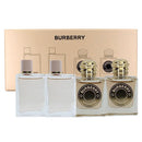 Burberry perfume set with three bottles and a gold box on a white background