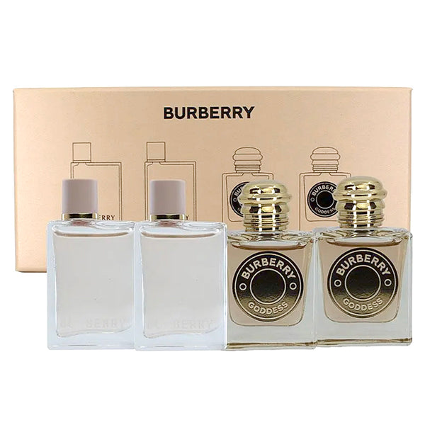 Burberry perfume set with three bottles and a gold box on a white background