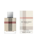 A Burberry London eau de parfum bottle for women, with a beige and red striped design, next to its packaging box.