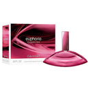 Pink Calvin Klein Euphoria perfume bottle and packaging on a white background