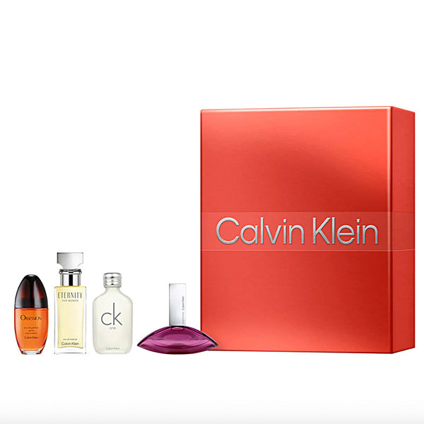 Calvin Klein perfume set with various bottles and a large red box on a white background
