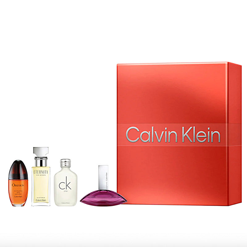 Calvin Klein perfume set with various bottles and a large red box on a white background