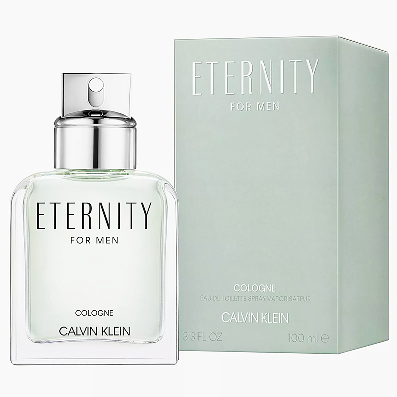 Calvin Klein Eternity cologne bottle and packaging on a white background