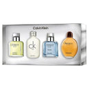 Calvin Klein 4-piece fragrance gift set in a silver box, featuring Eternity for Men, ck One, Aqua, and Obsession for Her cologne bottles.