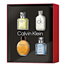 A gift set box containing four travel-friendly mini bottles of Calvin Klein Eau de Toilette for men, with fragrances including Obsession, Eternity, Eternity Aqua, and CK One.
