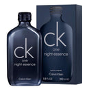 Calvin Klein CK One Night Essence perfume bottle and its retail box, both in a dark navy blue color with white text and logo, on a plain white background.