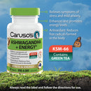 Carusos Ashwagandha + Energy supplement bottle with butterfly graphic on a natural background