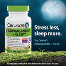 Caruso's Ashwagandha + Sleep supplement bottle with a night sky background
