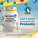 Caruso's Poo EZE Probiotic container with promotional text on a colorful background