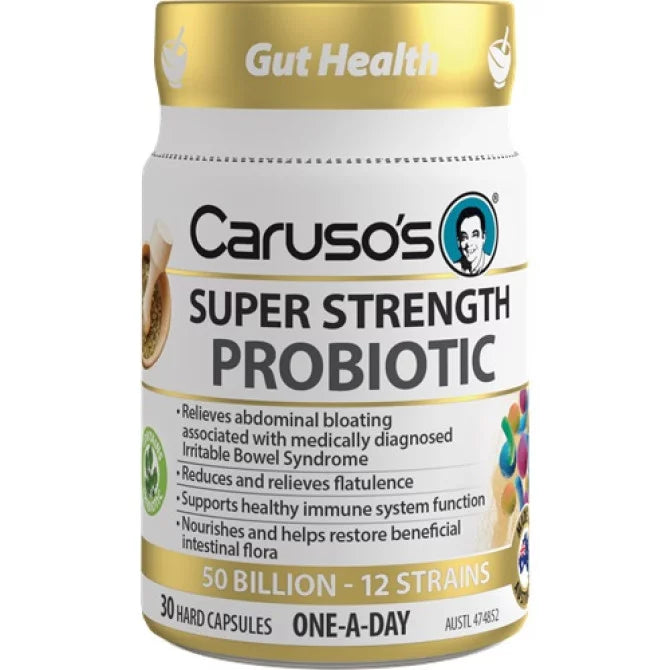 Caruso's Super Strength Probiotic bottle on a white background