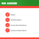 Product label indicating 'No Added' for gluten, artificial colours, animal-derived products, and lactose or dairy products.