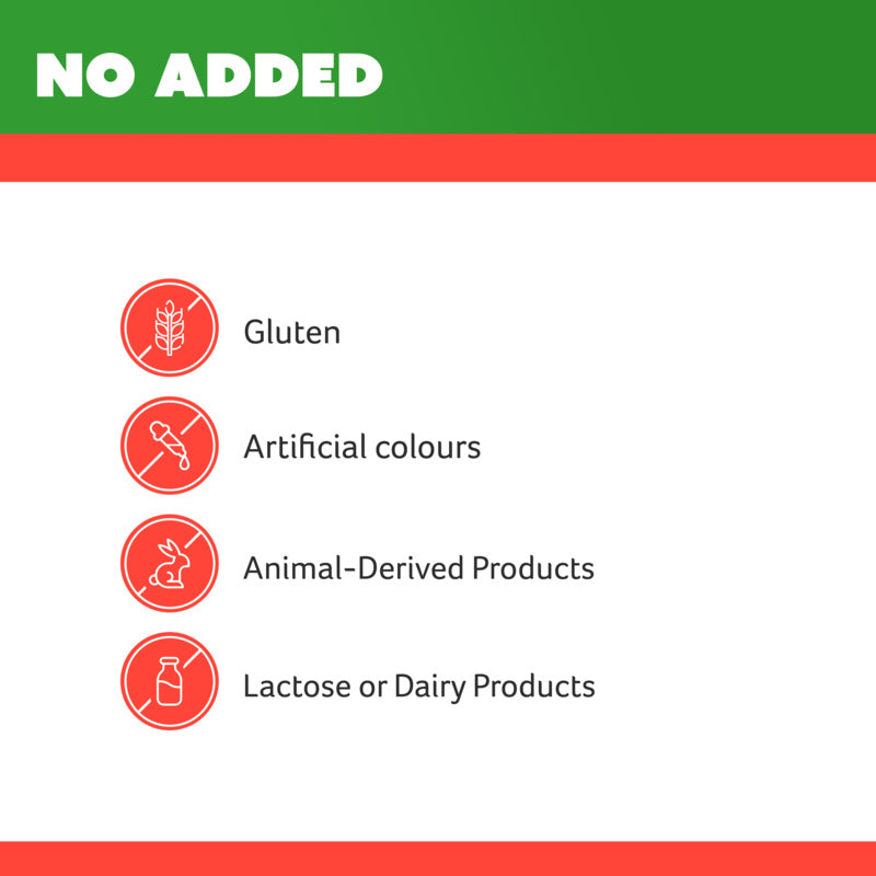 Product label indicating 'No Added' for gluten, artificial colours, animal-derived products, and lactose or dairy products.