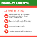 Product benefits listed with icons and text on a green and red background