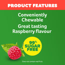 Product features text on a green background with a raspberry illustration and '99% sugar free' label.