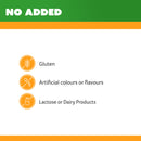 Product label indicating 'No Added' for gluten, artificial colours/flavours, and lactose/dairy products.