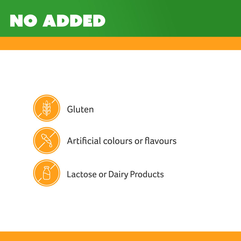 Product label indicating 'No Added' for gluten, artificial colours/flavours, and lactose/dairy products.